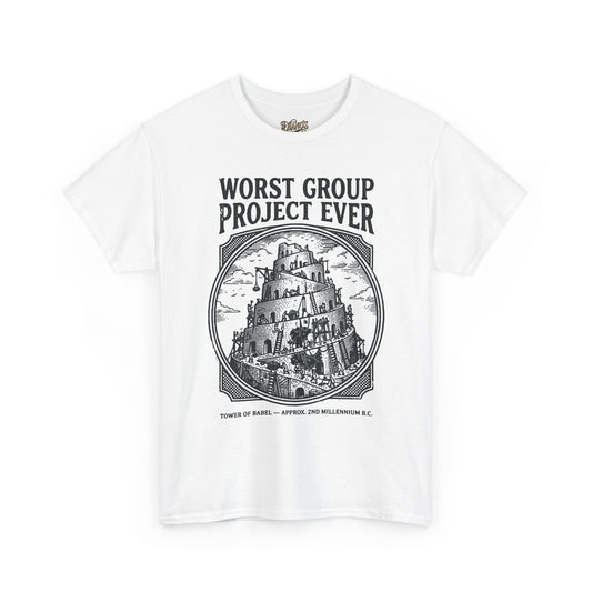 T-shirt with distressed crumbling-tower graphic and 'WORST GROUP PROJECT EVER' text