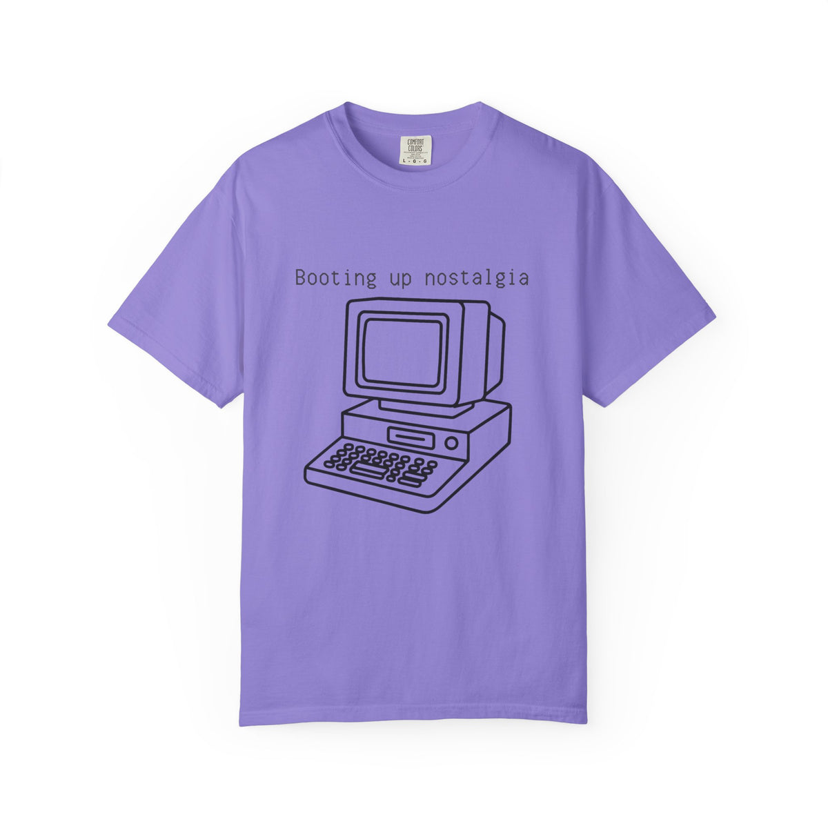 Garment-dyed t-shirt with retro computer line drawing and 'Booting up nostalgia' text