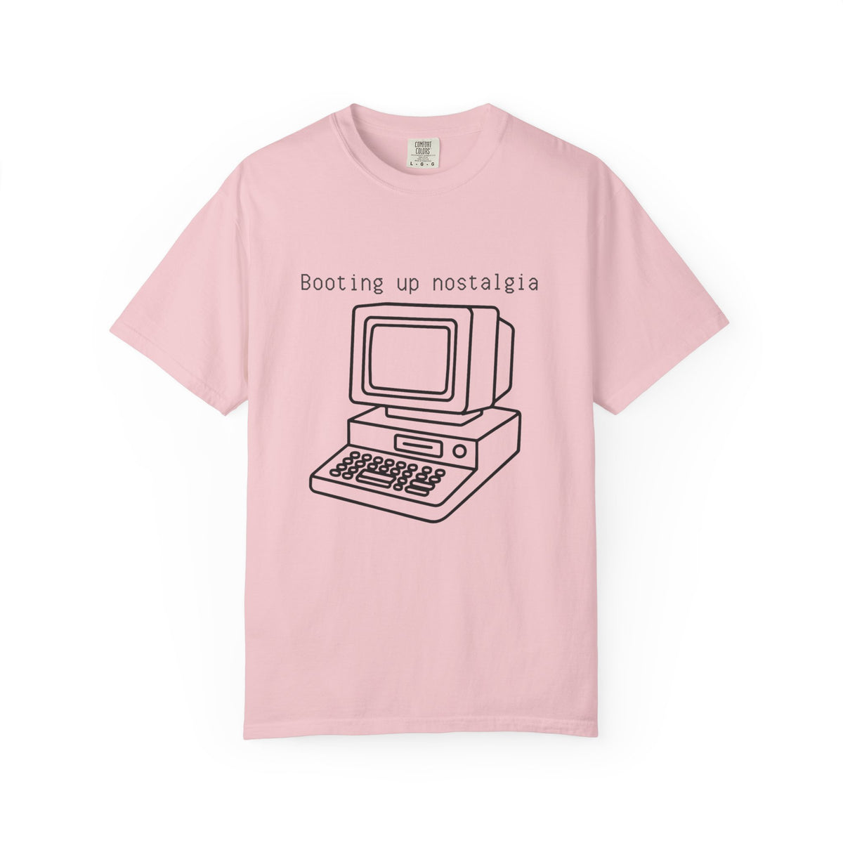 Garment-dyed t-shirt with retro computer line drawing and 'Booting up nostalgia' text