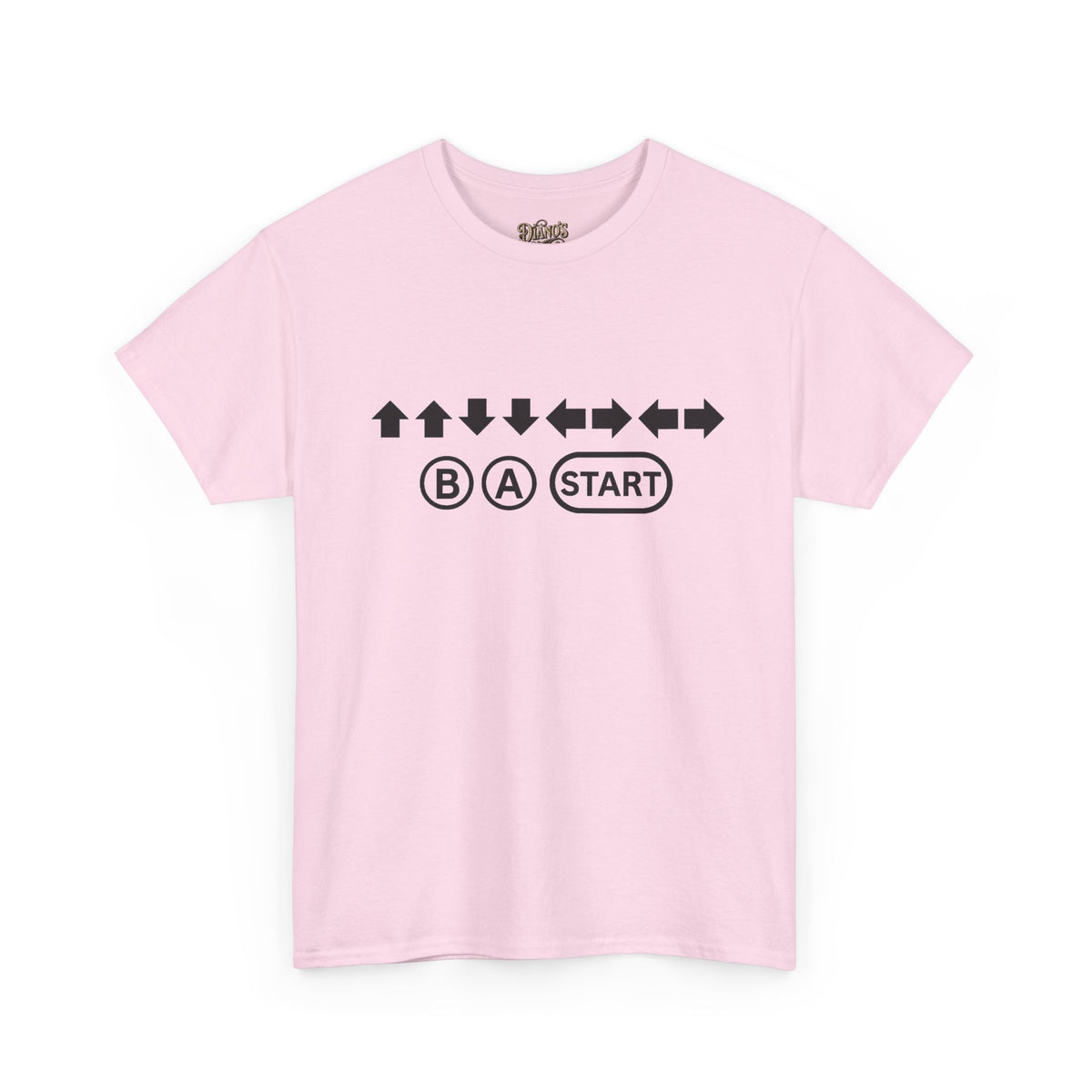 T-shirt with 'Up Up Down Down B A Start' cheat code controller-input graphic