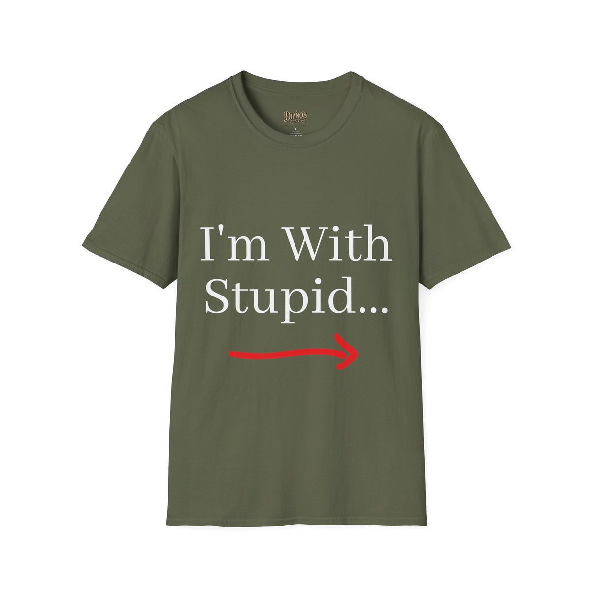 T-shirt with 'I'm With Stupid' text and pointing arrow graphic