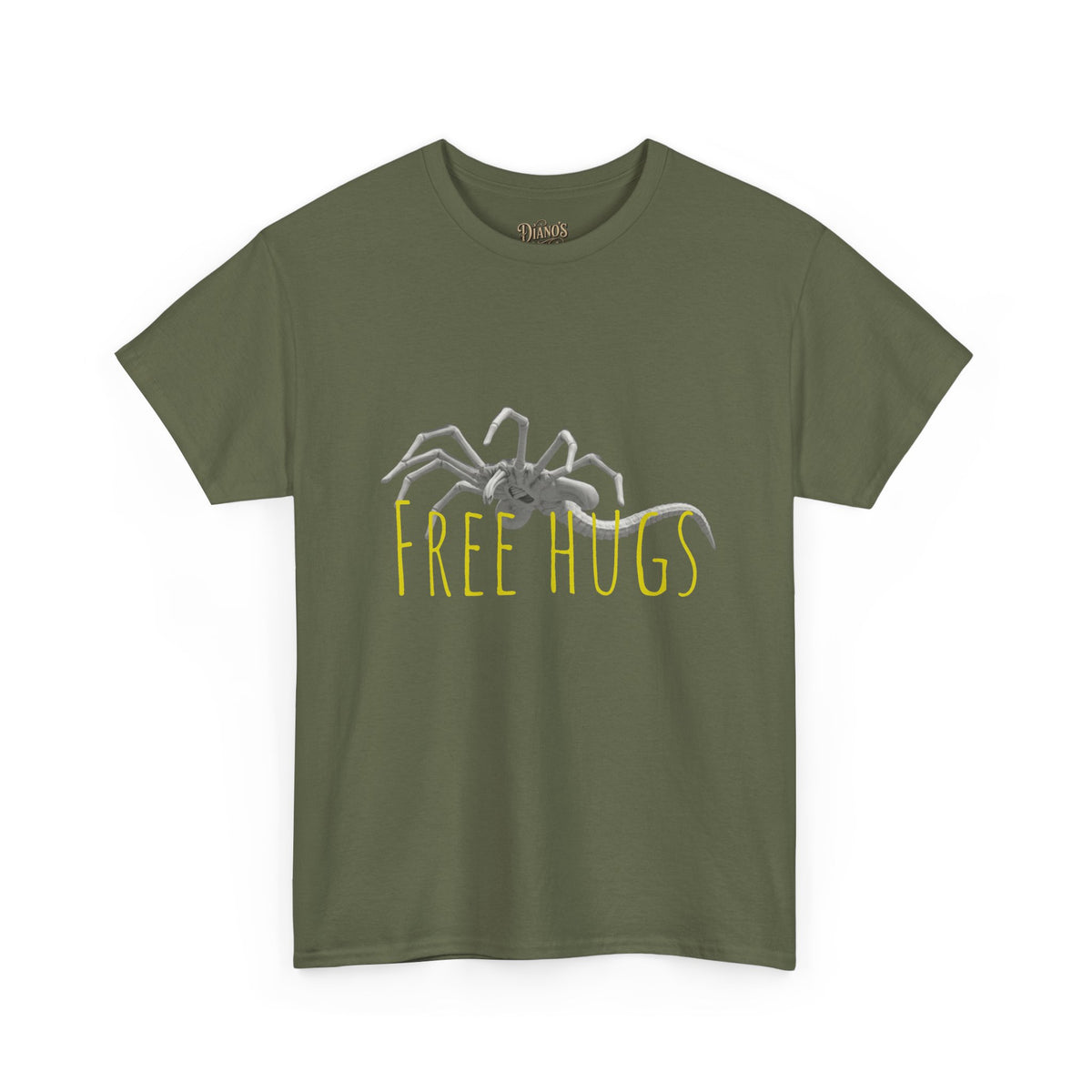Black t-shirt with sketchy monster graphic and yellow 'FREE HUGS' text