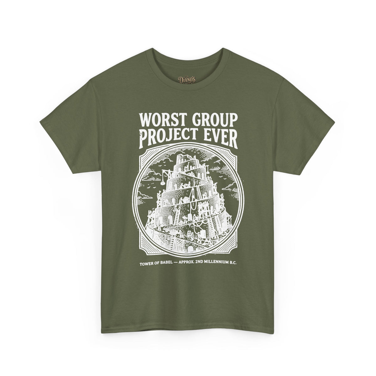 T-shirt with distressed crumbling-tower graphic and 'WORST GROUP PROJECT EVER' text