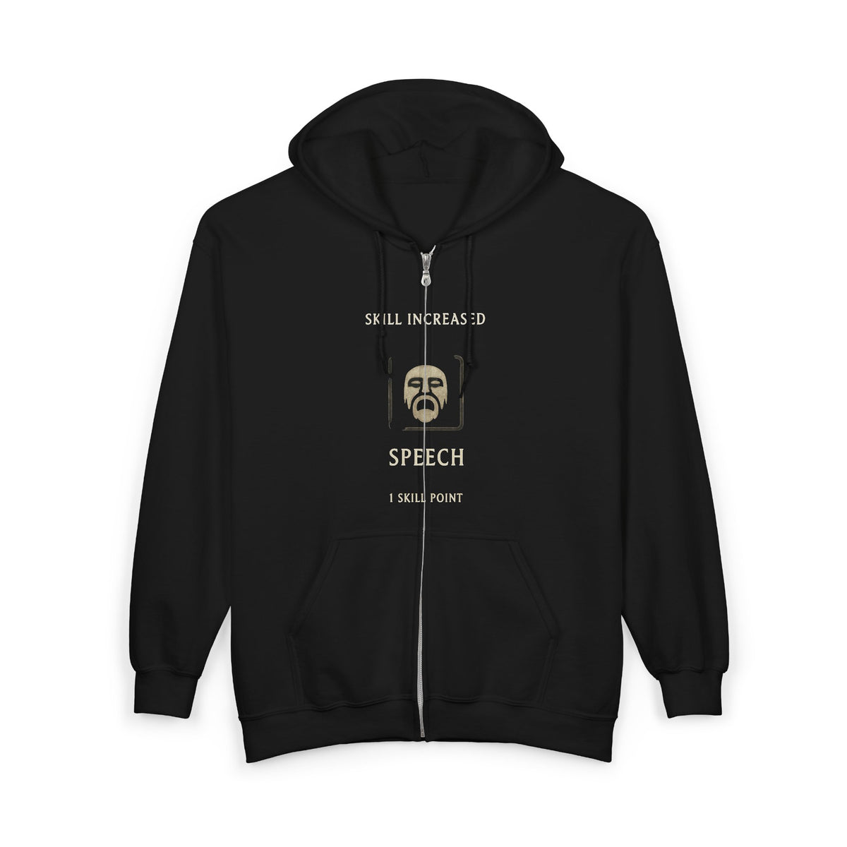 Black zip hoodie with retro pixel face graphic and 'Skill Increased / Speech' text
