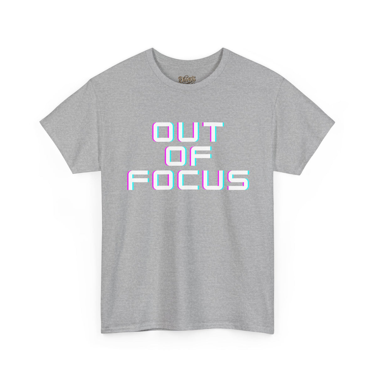 Black t-shirt with bold glitch-style 'OUT OF FOCUS' text graphic