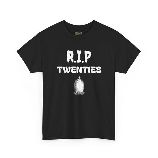 T-shirt with hand-drawn tombstone graphic and 'R.I.P. Twenties' text