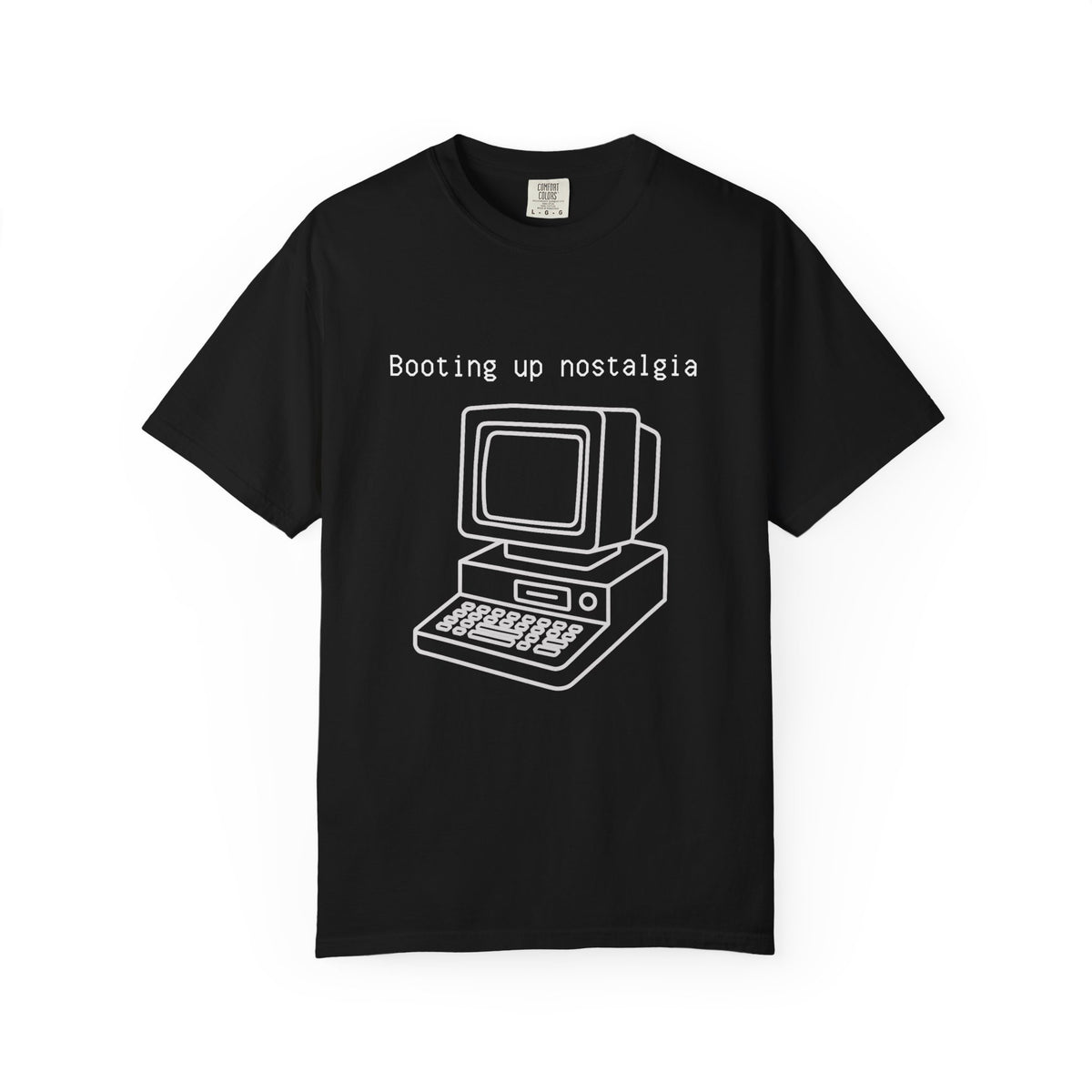 Garment-dyed t-shirt with retro computer line drawing and 'Booting up nostalgia' text