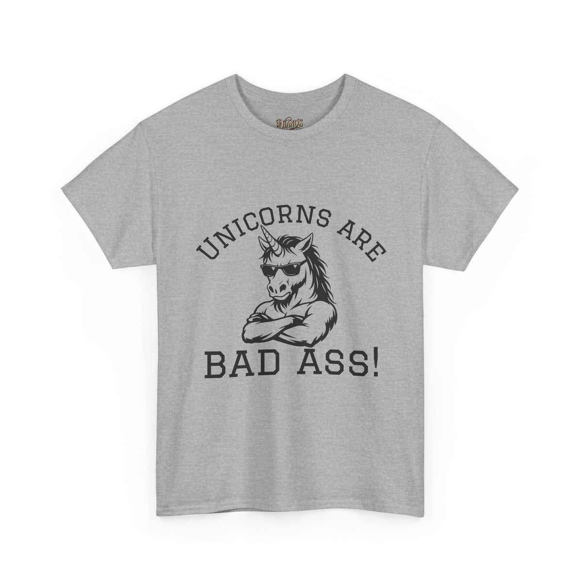 T-shirt with bold monochrome snarling unicorn graphic and 'UNICORNS ARE BAD ASS!' text