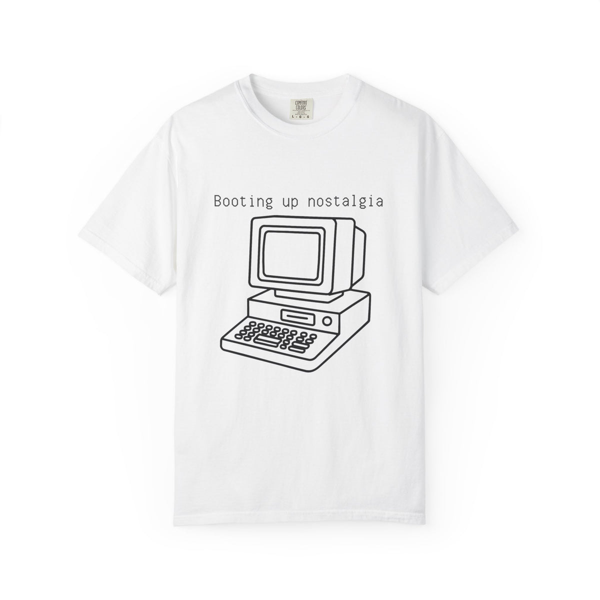 Garment-dyed t-shirt with retro computer line drawing and 'Booting up nostalgia' text