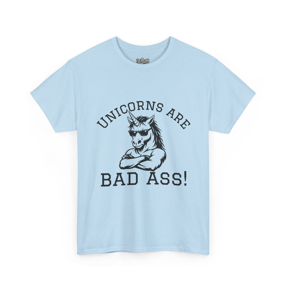 T-shirt with bold monochrome snarling unicorn graphic and 'UNICORNS ARE BAD ASS!' text
