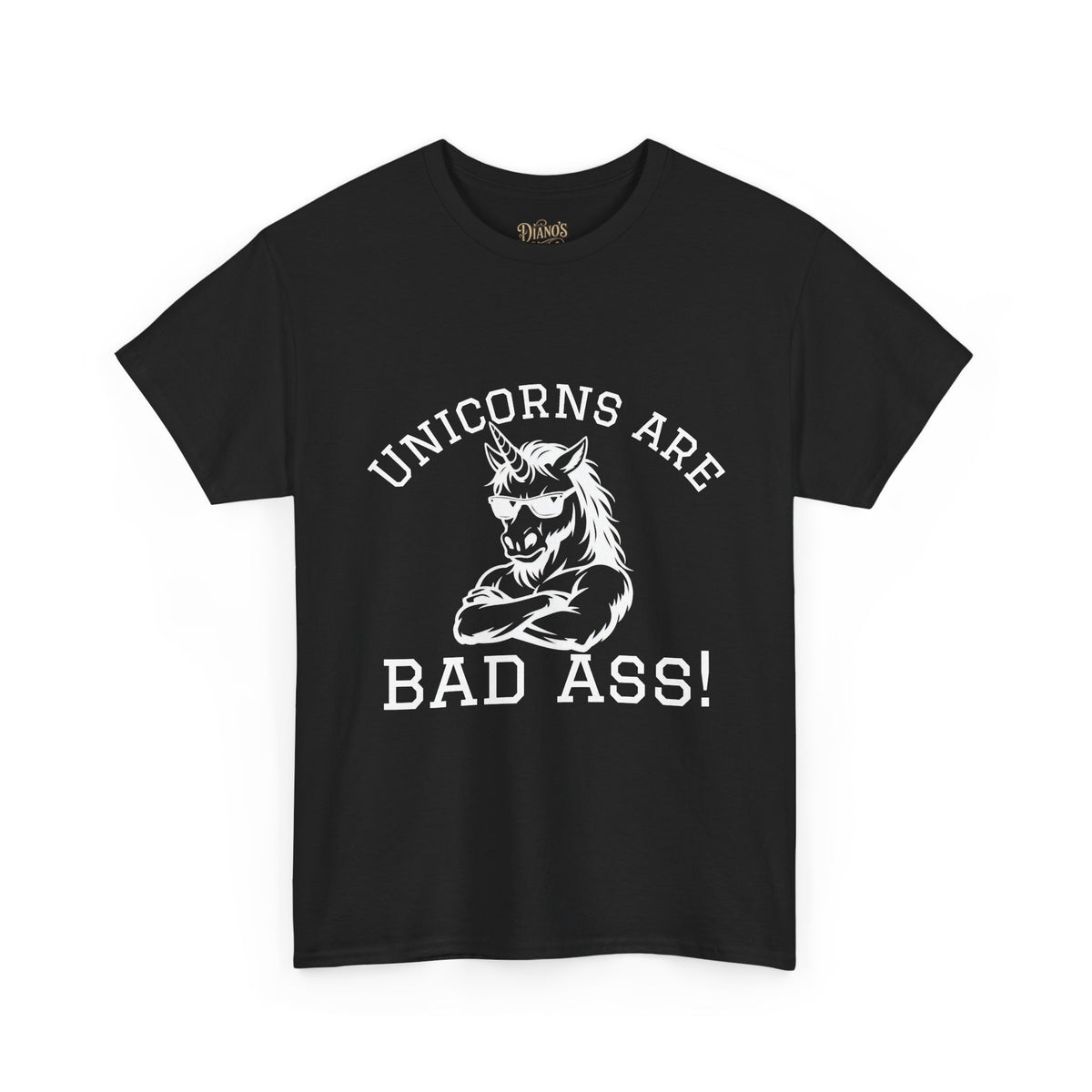 T-shirt with bold monochrome snarling unicorn graphic and 'UNICORNS ARE BAD ASS!' text