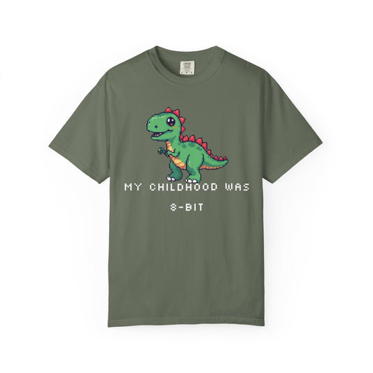 Garment-dyed t-shirt with pixel-art 8-bit dinosaur graphic and 'My childhood was 8-bit' text