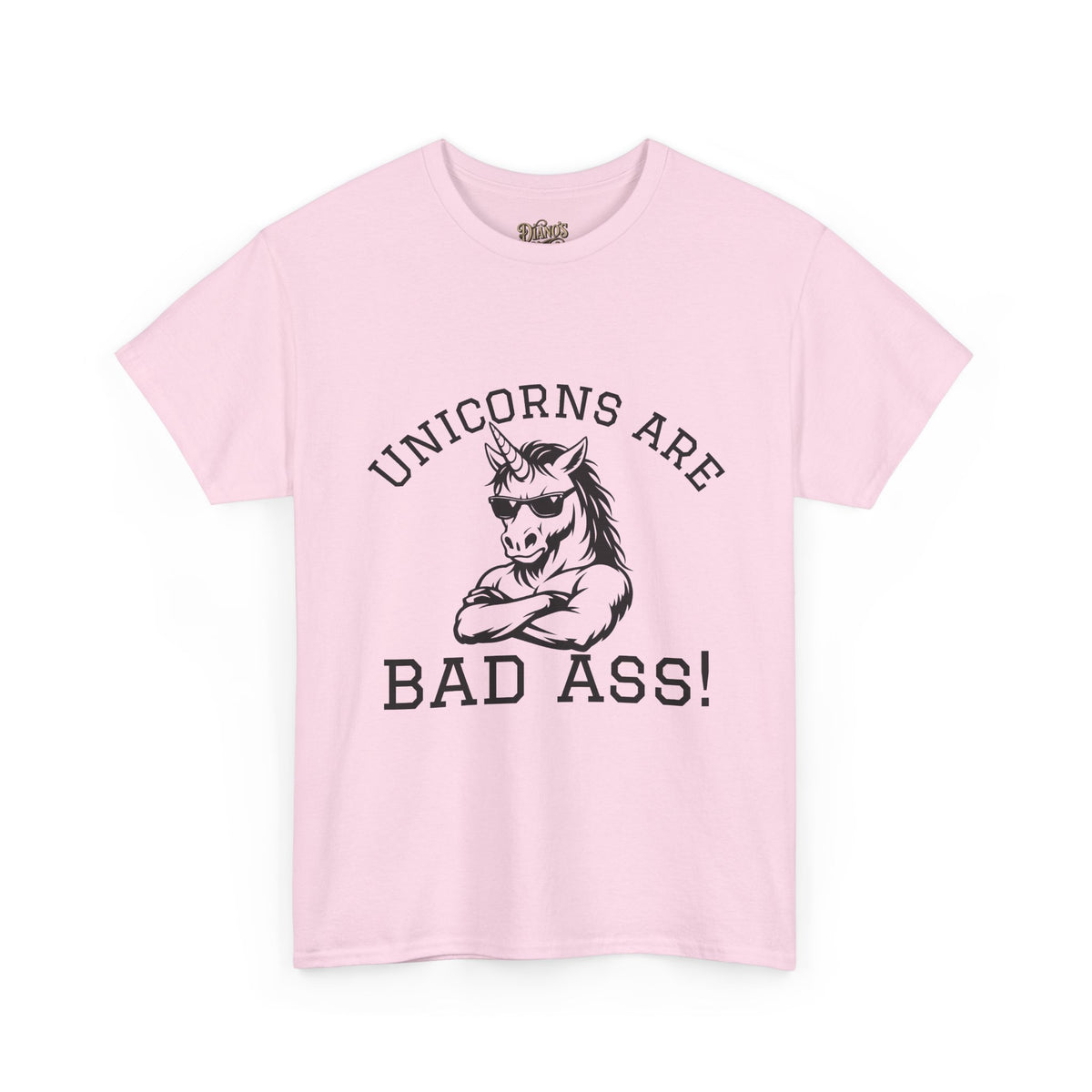 T-shirt with bold monochrome snarling unicorn graphic and 'UNICORNS ARE BAD ASS!' text