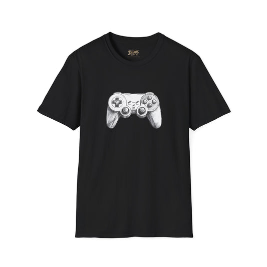 T-shirt with hand-drawn grayscale game controller graphic