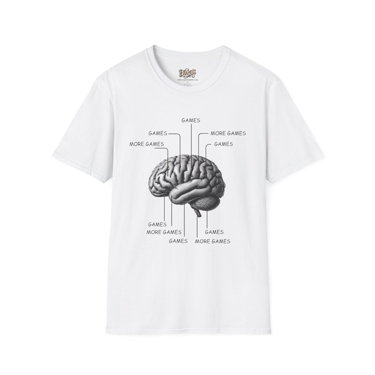 T-shirt with illustrated brain graphic labeled 'games' and 'more games'