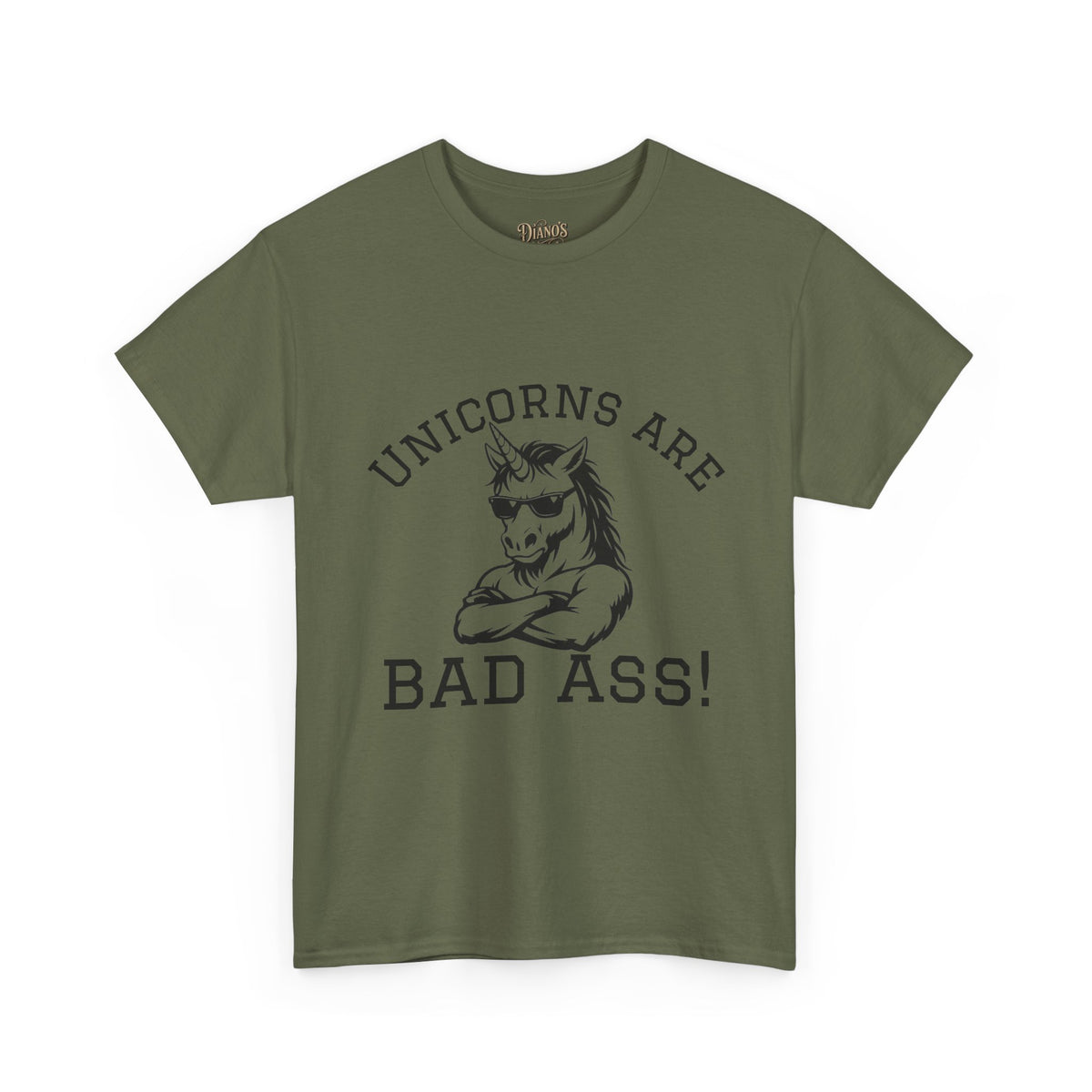 T-shirt with bold monochrome snarling unicorn graphic and 'UNICORNS ARE BAD ASS!' text