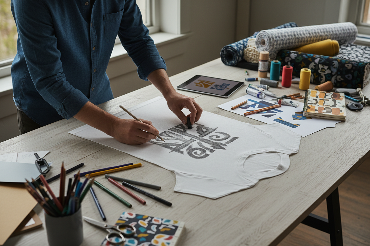 a wide image of hands designing a shirt